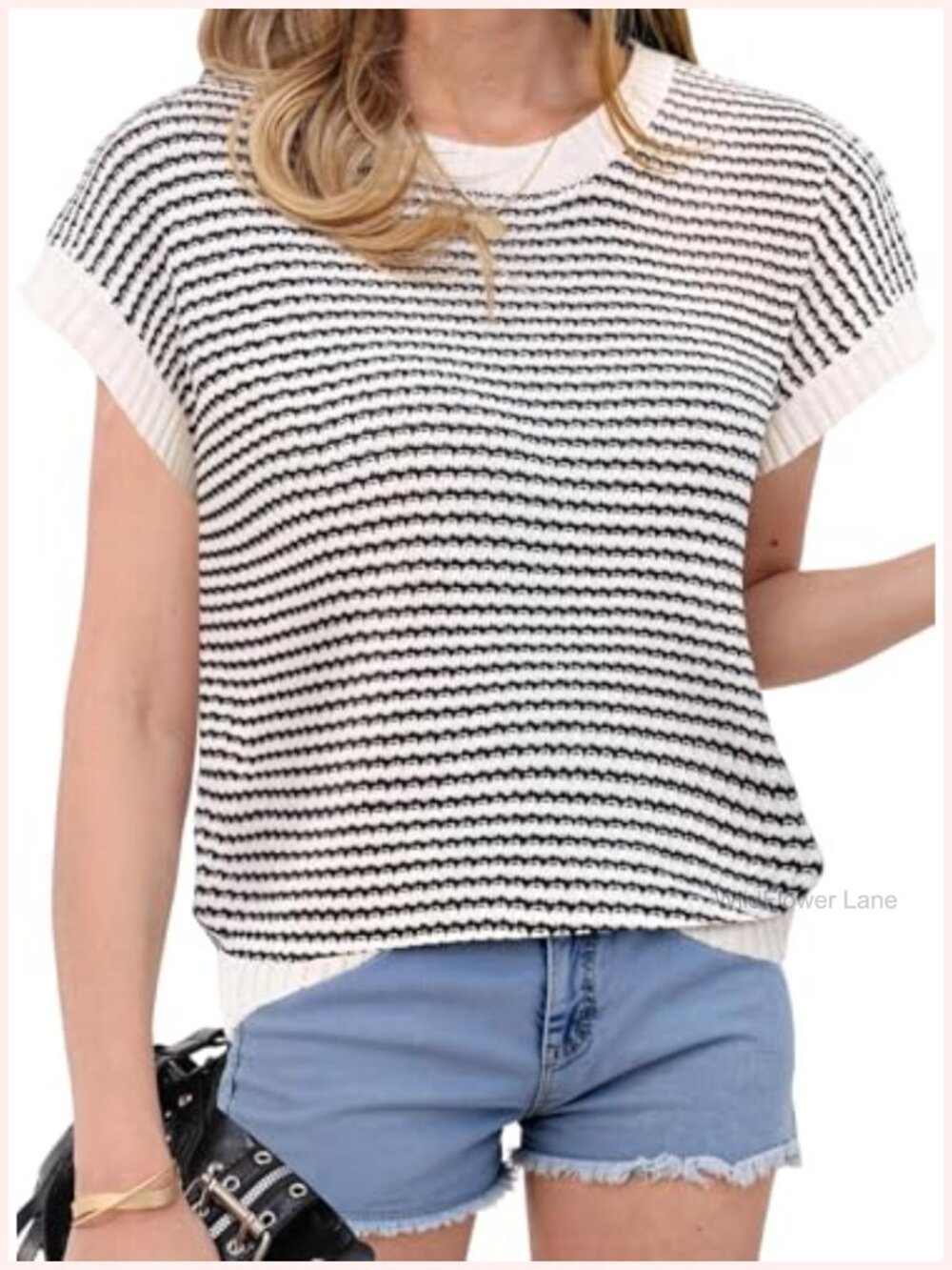 Lightweight Knit Sweater Vest Striped Cap Sleeve Tank Top Crew Neck